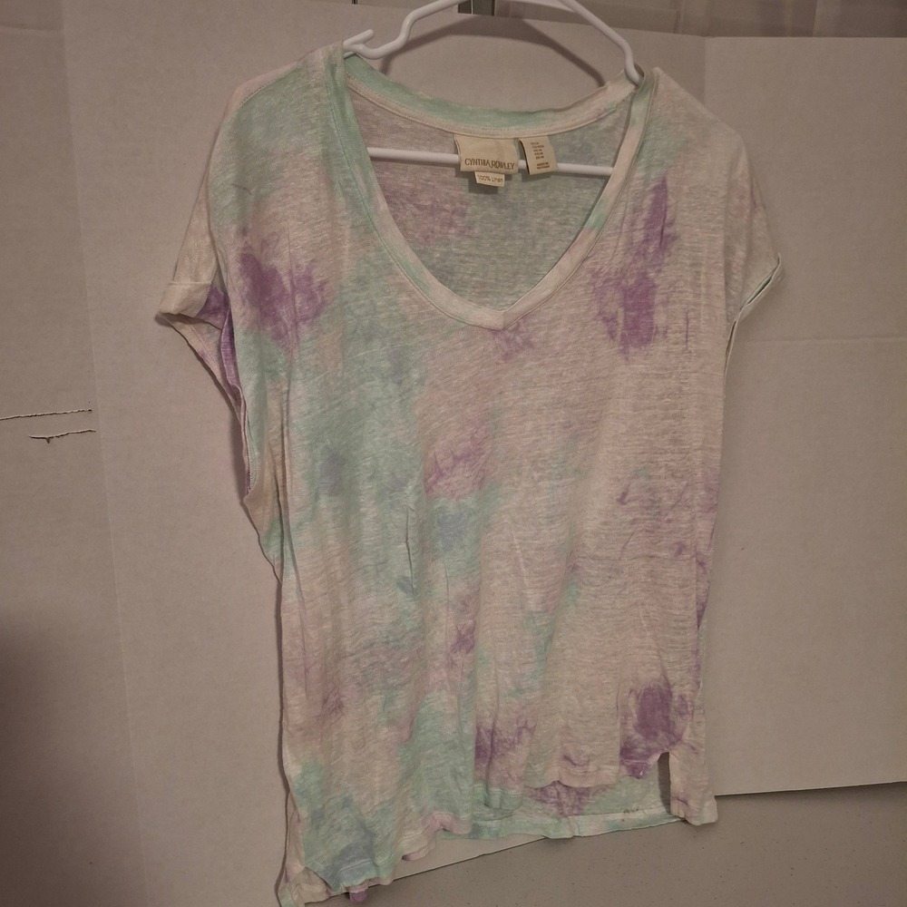 Cynthia Rowley Womens Linen Tie Dye V-Neck T-Shirt Purple Mint Green Size Medium
